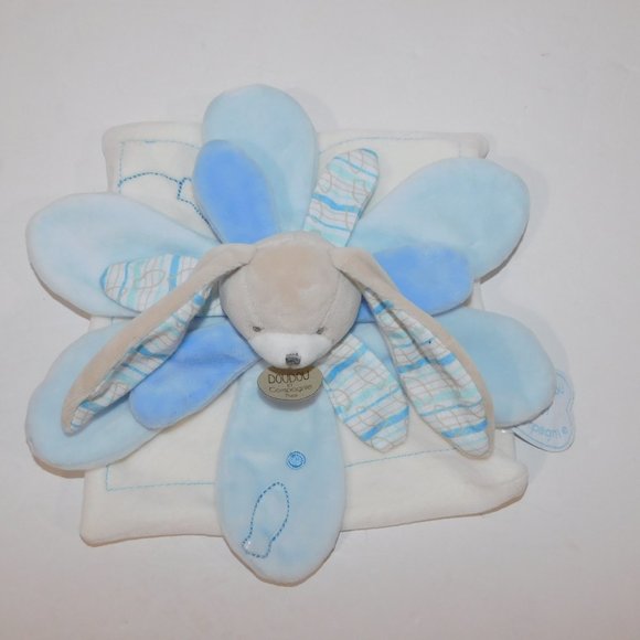 Doudou et Compagnie paris White Blue Gray Bunny Rabbit Flower security Blanket - Picture 5 of 7